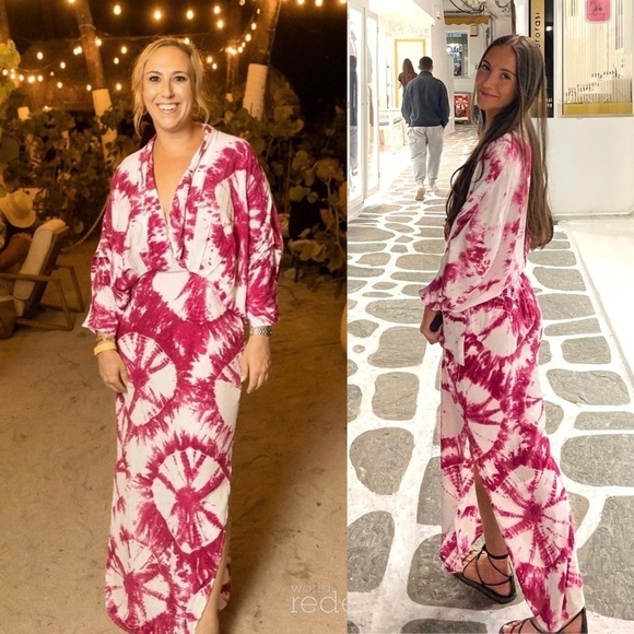 S/W/F Tie Dye Crepe Kimono Sleeve Draped V-Neck Fitted Waist Kaftan Maxi Dress S - Picture 6 of 8